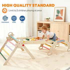 DUMOS Pikler triangle indoor play area fits modern homes for versatile activity.