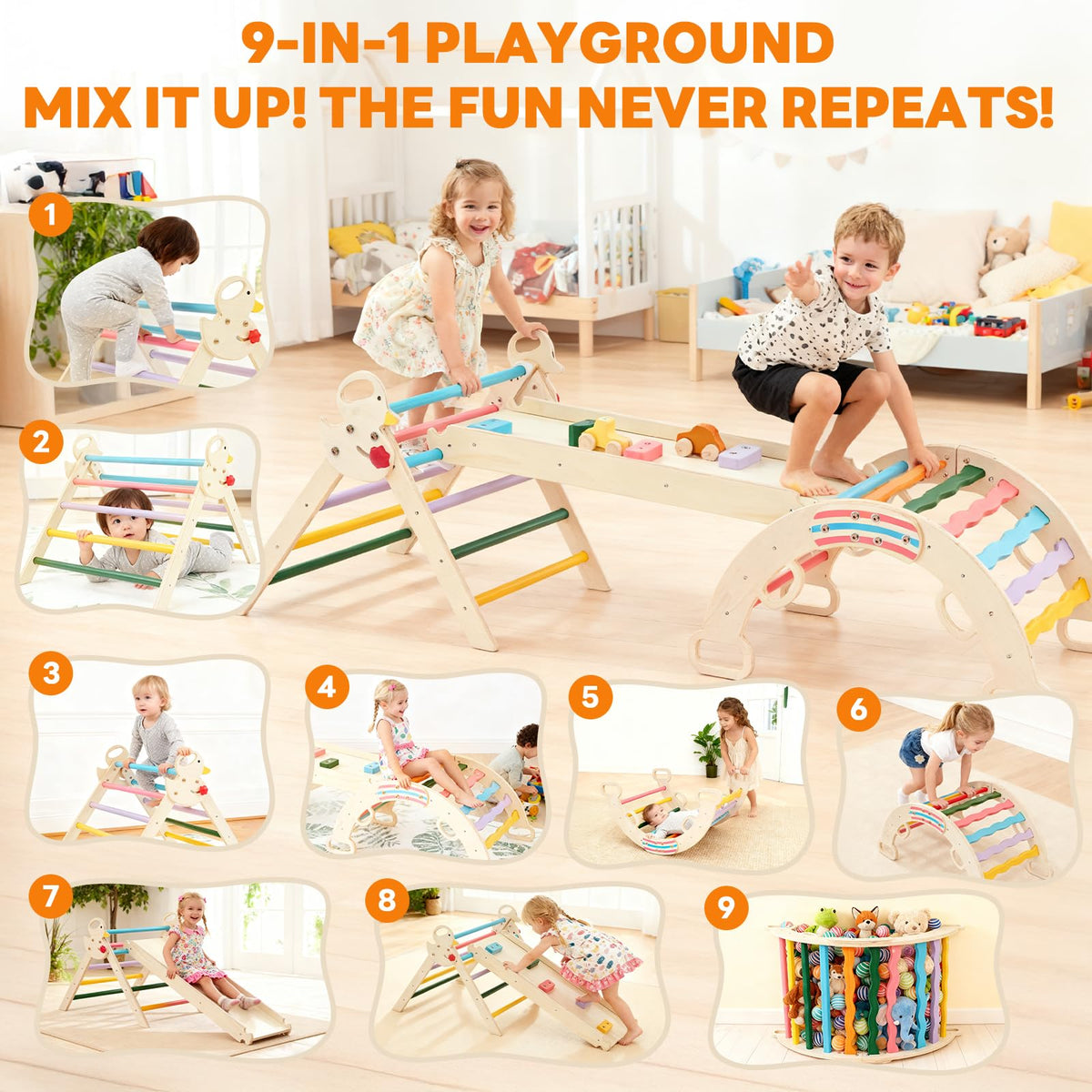 DUMOS Pikler triangle ladder supports stepping practice and cooperative play.