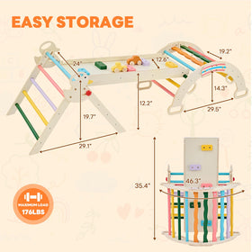 DUMOS Pikler triangle multicolor finish inspires vibrant, active play.