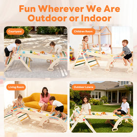 DUMOS Pikler triangle ramp for easy ascent and engaging obstacle challenges.