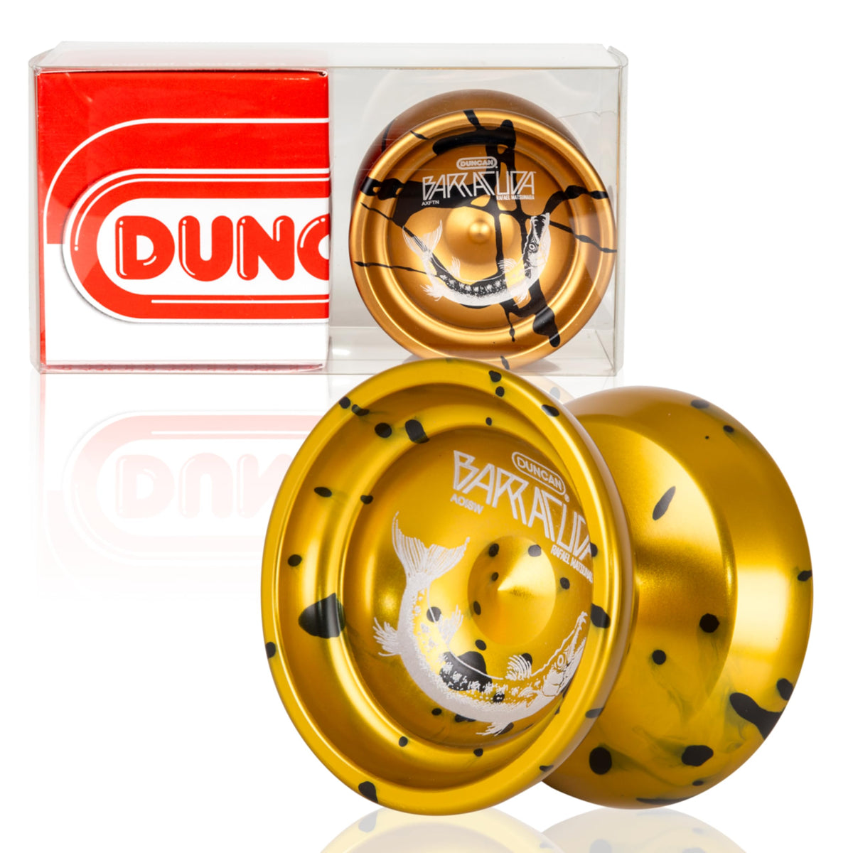 Duncan Barracuda Yo-Yo in gold splash finish for pro unresponsive tricks.