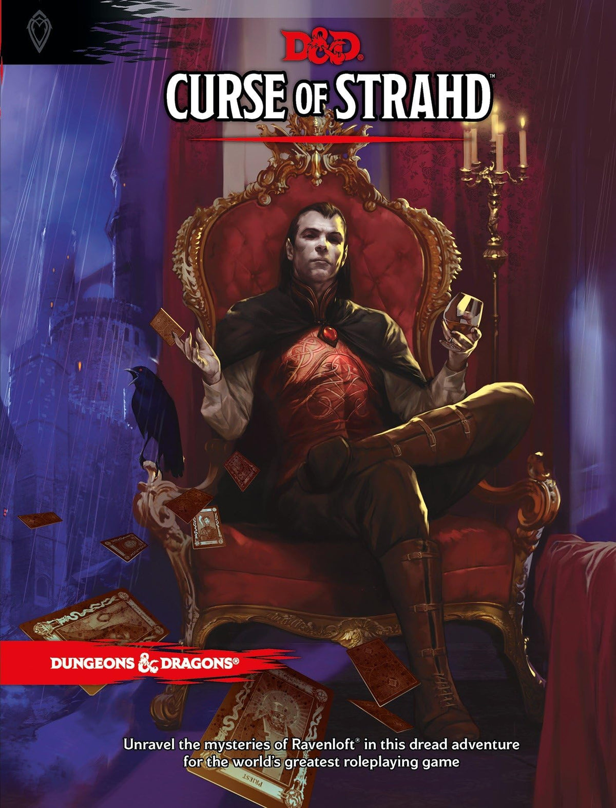 Dungeons and Dragons Curse of Strahd book cover with dark castle and stormy skies for DM prep
