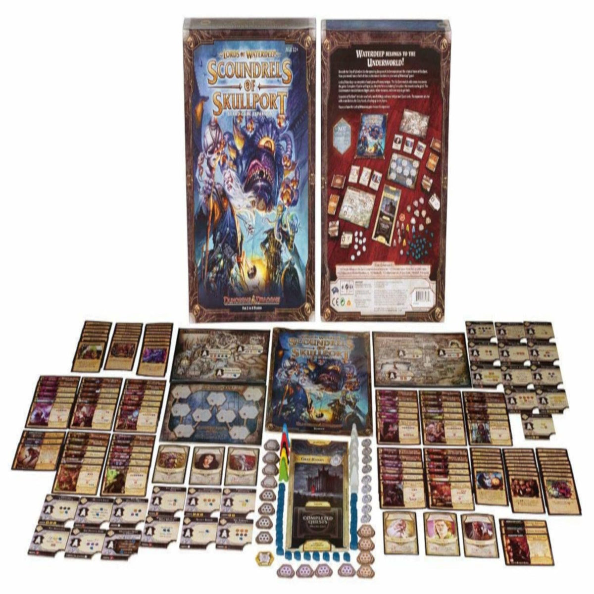 Dungeons & Dragons Lords of Waterdeep Scoundrels Skullport components showcase new pieces for strategic setup.
