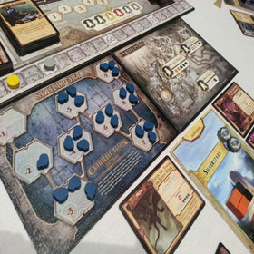 Dungeons & Dragons Lords of Waterdeep Scoundrels Skullport game setup image highlighting two expansions for quicker setup.