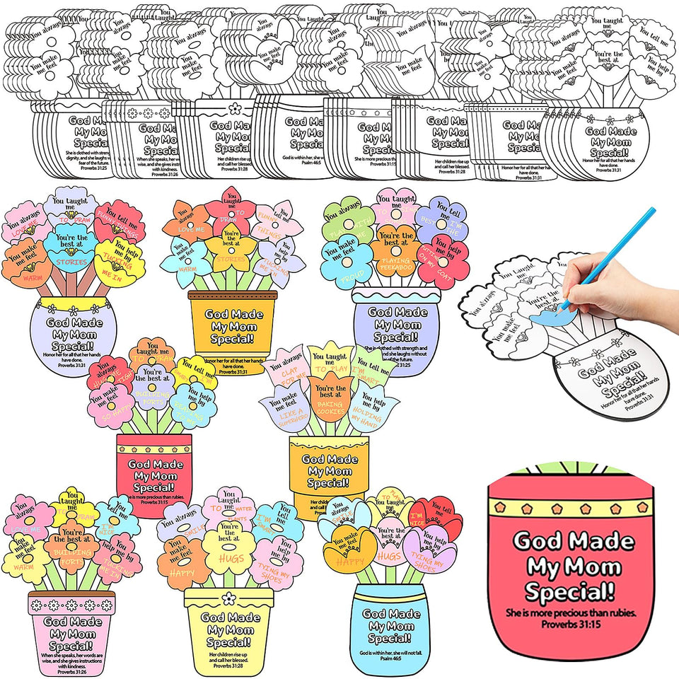 Dunzoom Mother's Day craft kit with flower-pot cards for group coloring in church.