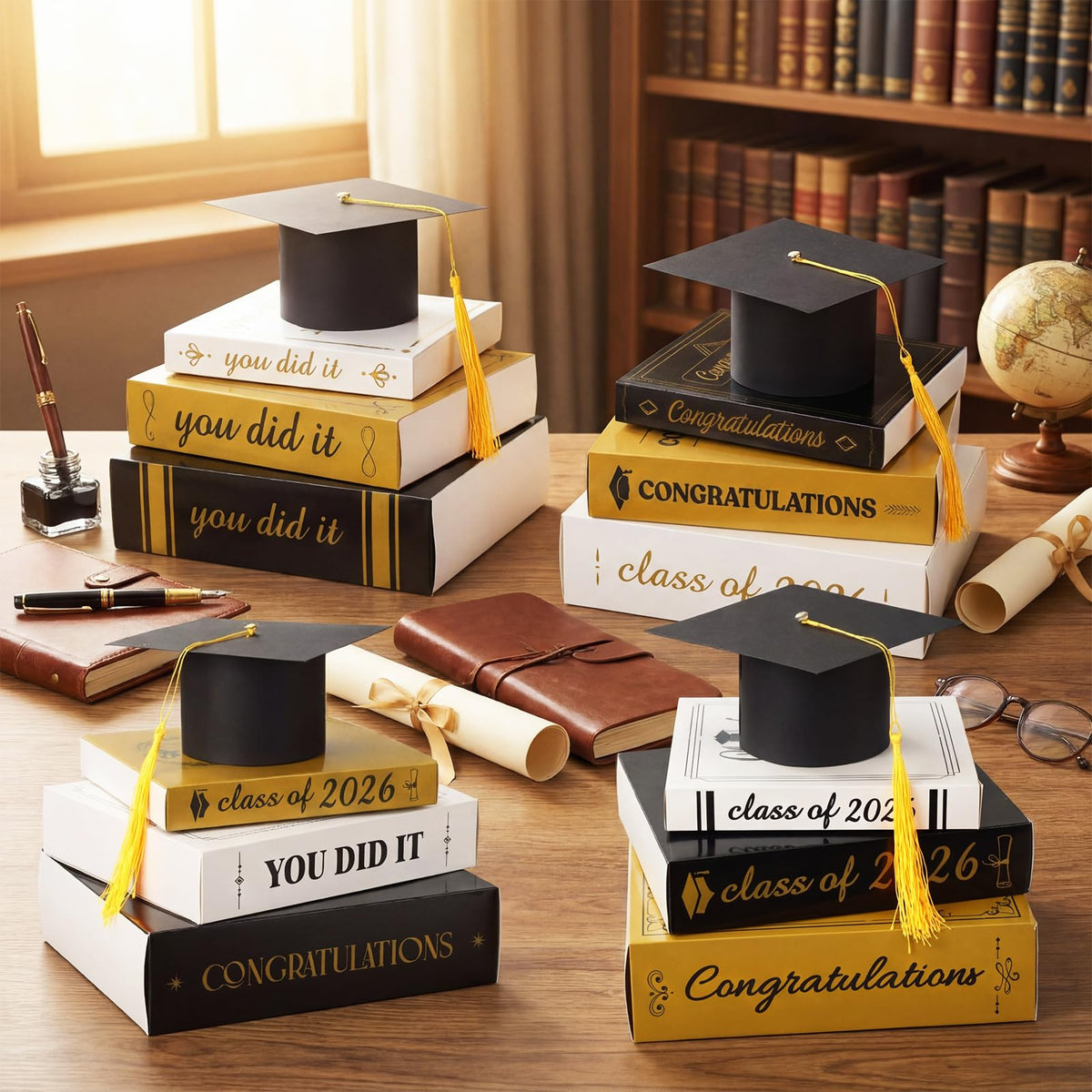 Dunzoom Gold-themed graduation decor elevates table presence with festive shine.