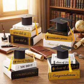 Dunzoom Gold-themed graduation decor elevates table presence with festive shine.