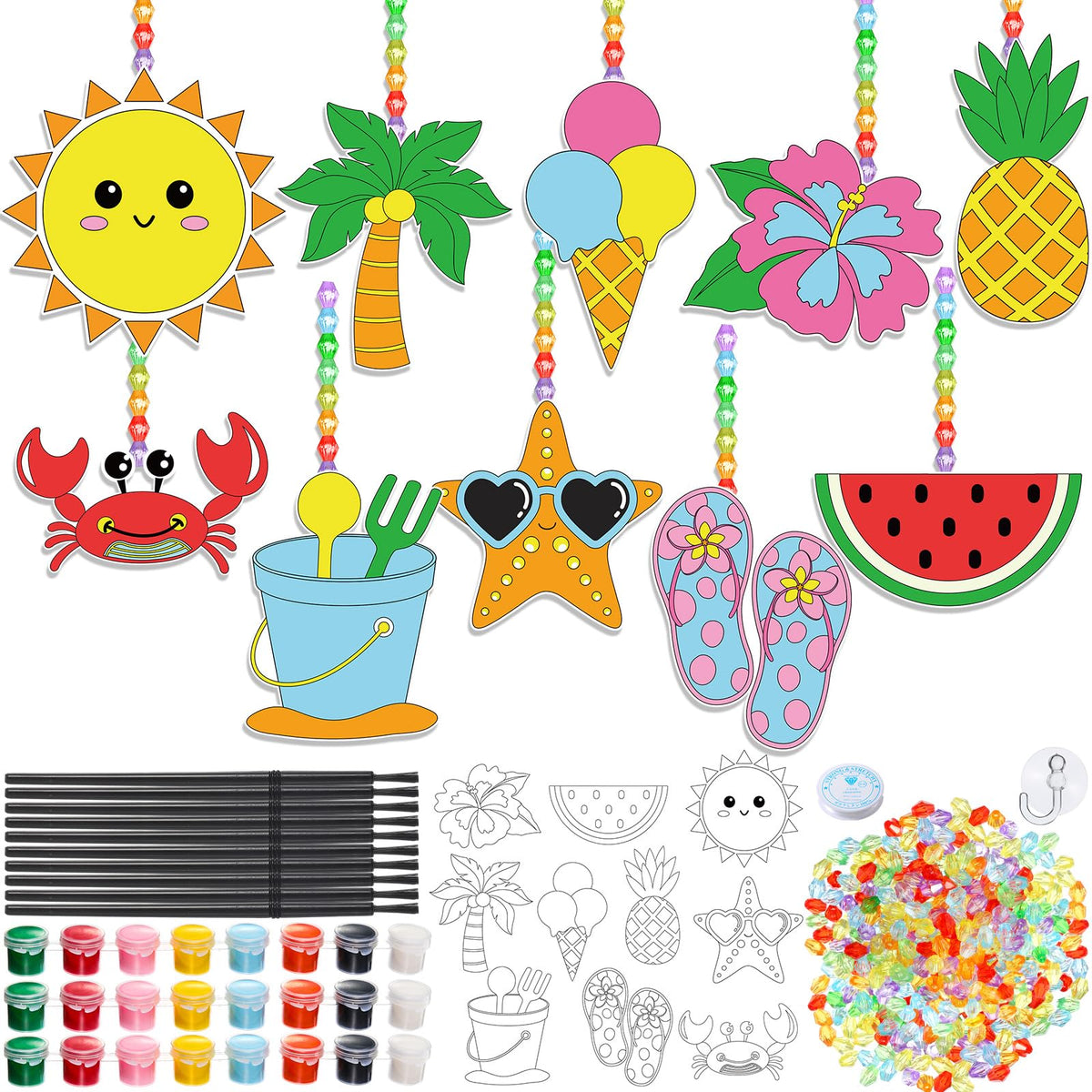 Dunzoom summer window suncatchers kit contents ready for painting and display