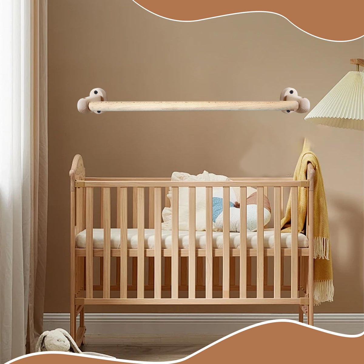 Duomilee baby pull up bar natural oak detail emphasizing sturdy construction