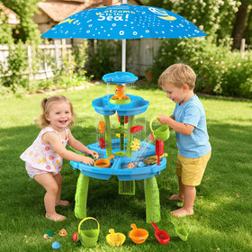 DUONIZAY Water Sand Table with Umbrella for Sky Blue shade during outdoor play.