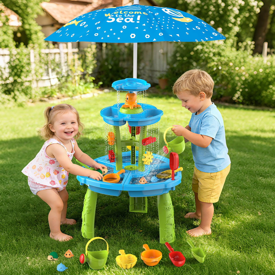 DUONIZAY Water Sand Table with Umbrella for Sky Blue shade during outdoor play.