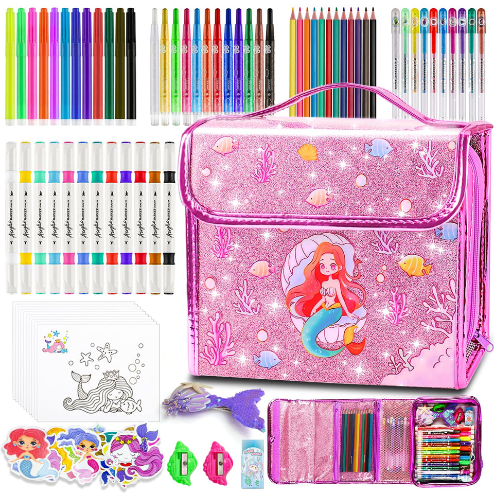 DUOROUBAO mermaid coloring set case front view for kids' art projects.
