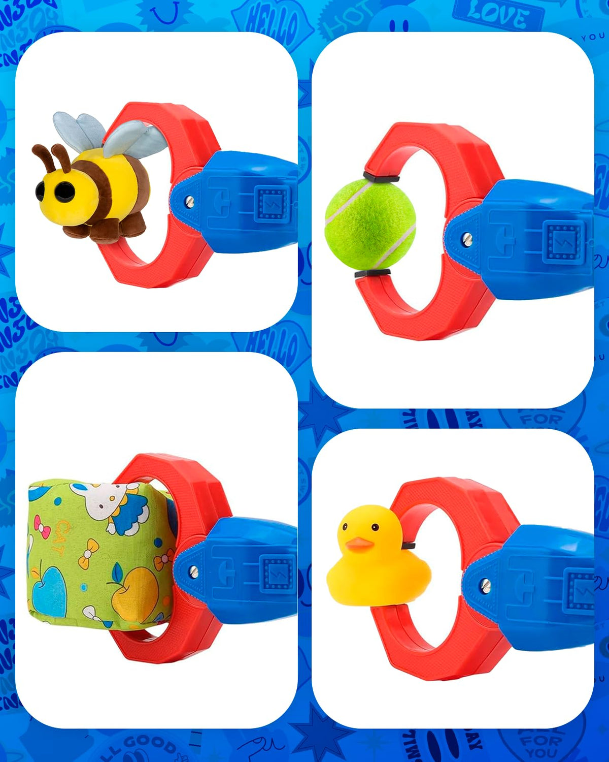 Duseu blue and pink grabber being used to pick up small items.
