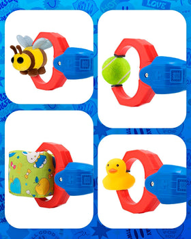 Duseu blue and pink grabber being used to pick up small items.