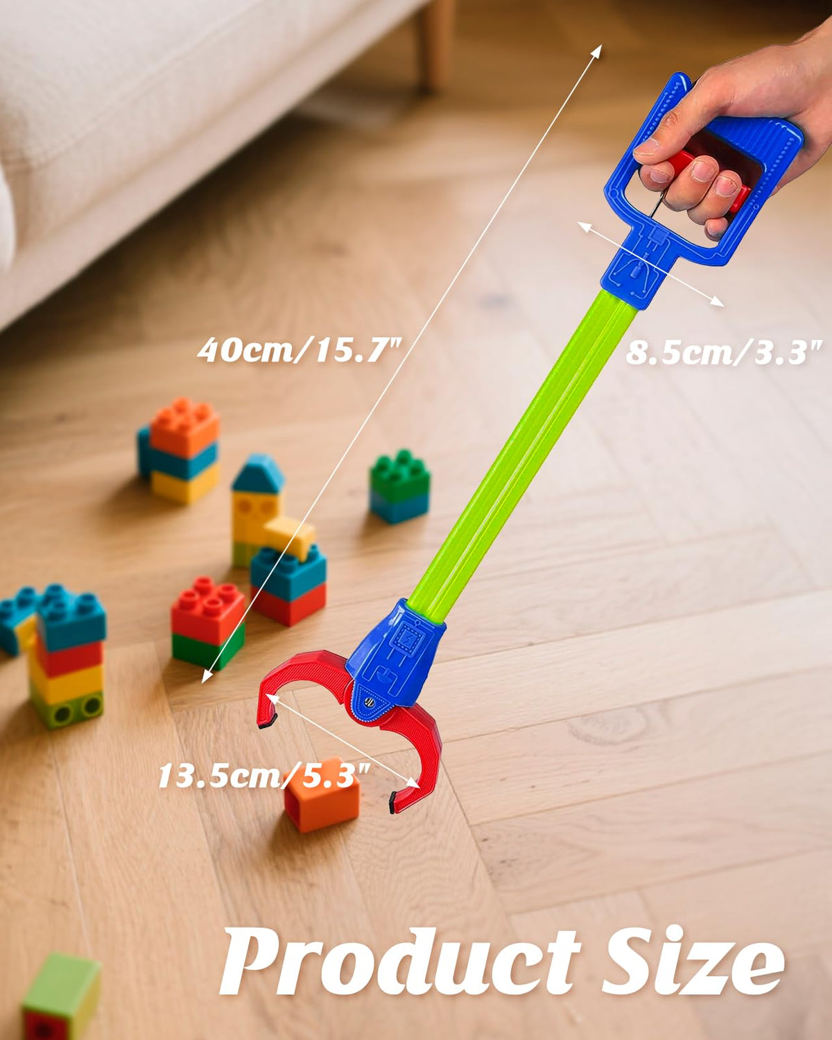 Duseu claw grabber toy in action showing long reach.