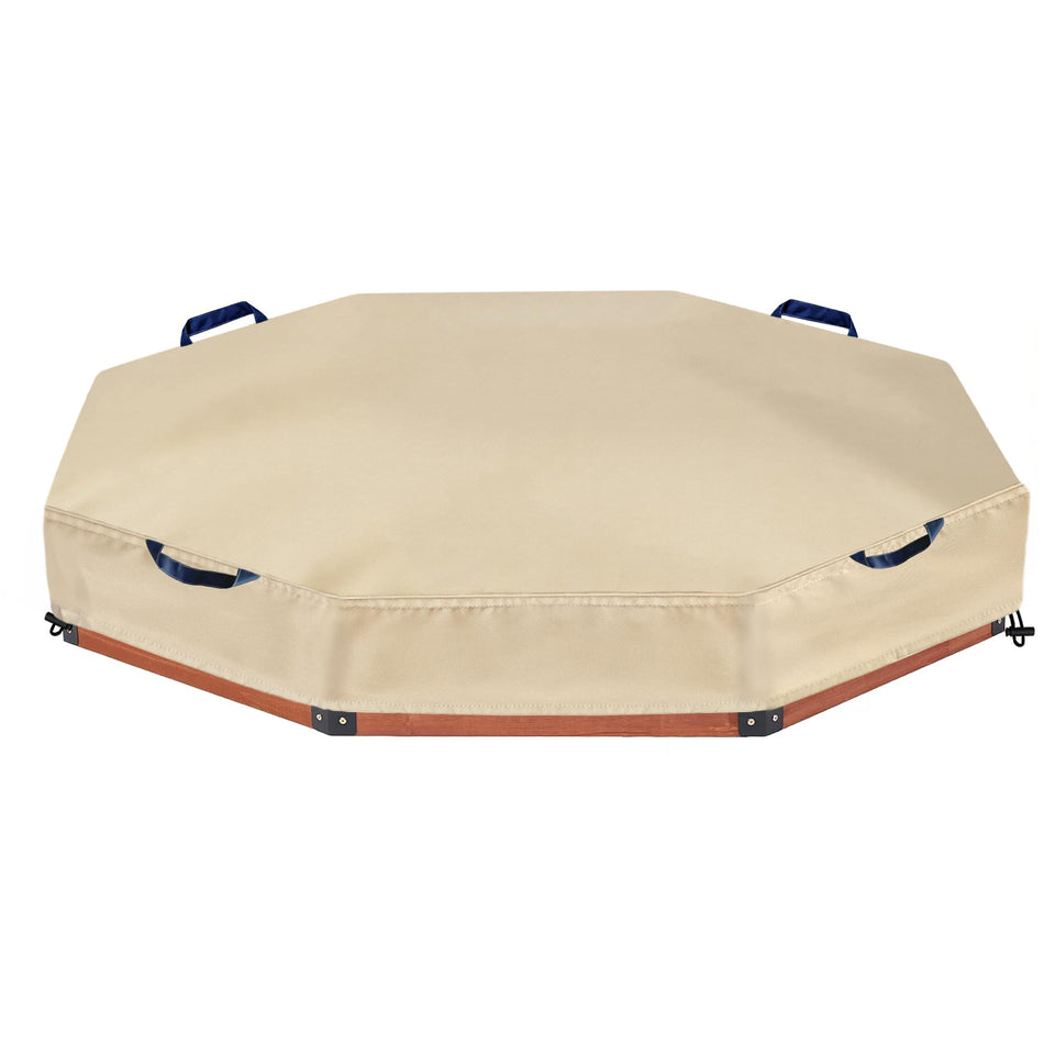 DustyProte octagon sandbox cover setup on patio protects sand from rain.