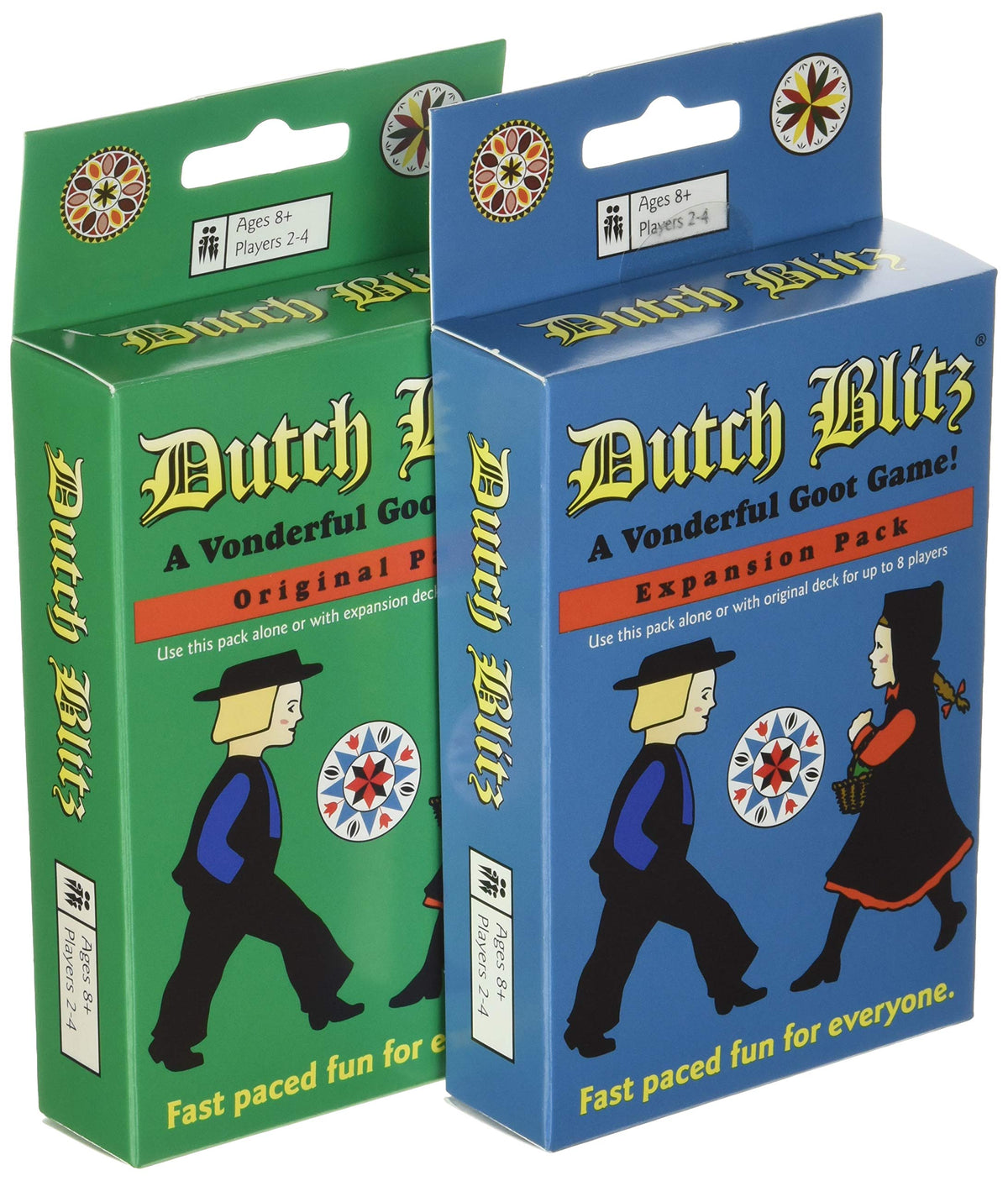 Dutch Blitz expansion pack closeup with colorful decks for group play.