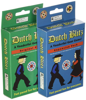Dutch Blitz expansion pack closeup with colorful decks for group play.