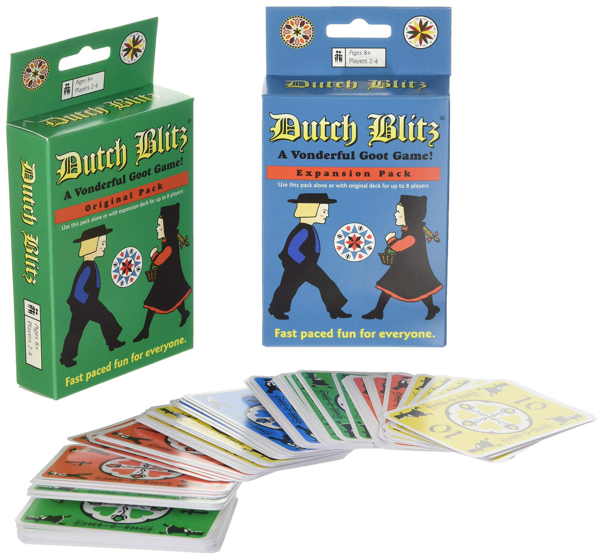 Dutch Blitz original expansion combo decks laid out for fast family play.