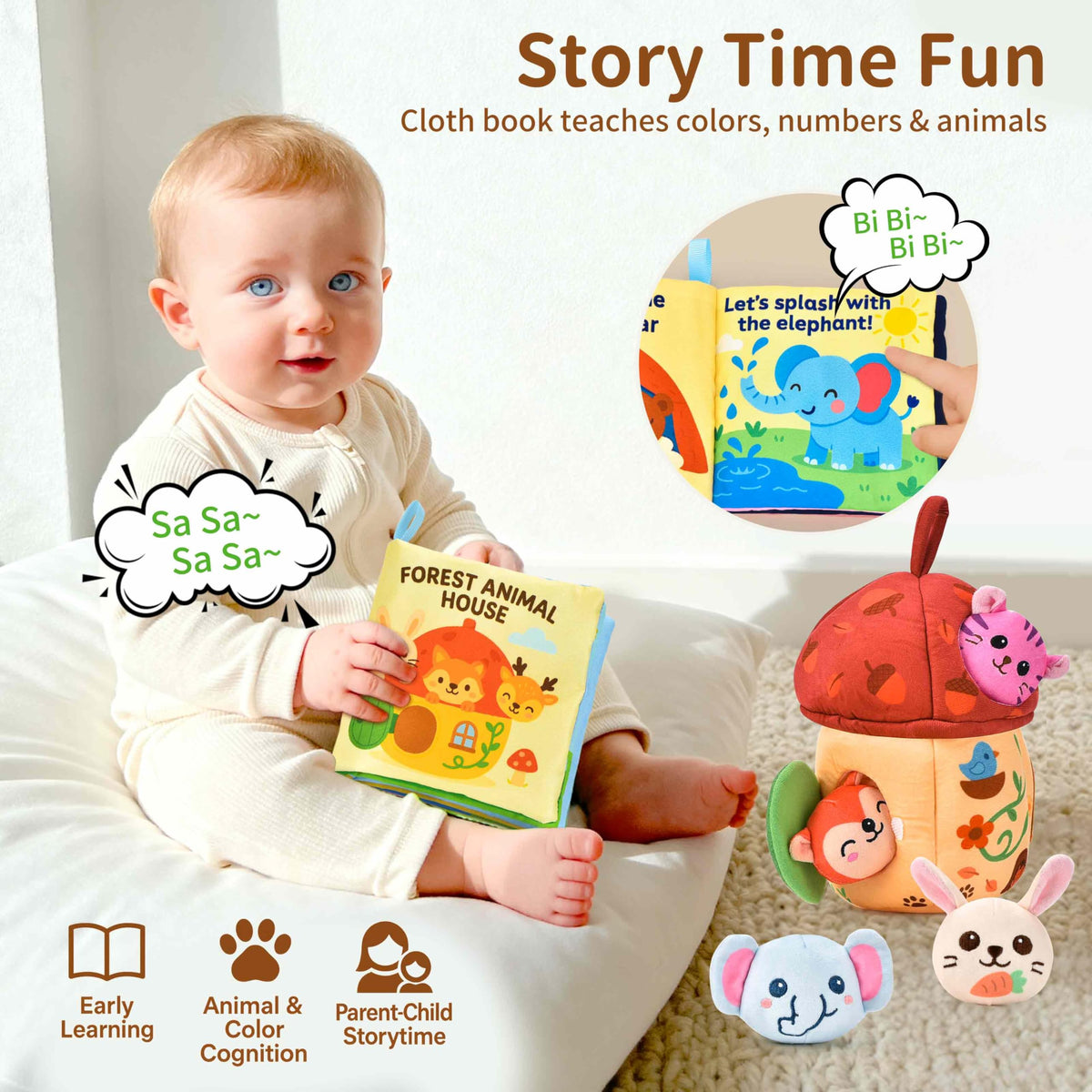 Duwagtry cloth book with crinkle pages engages touch and hearing during play.