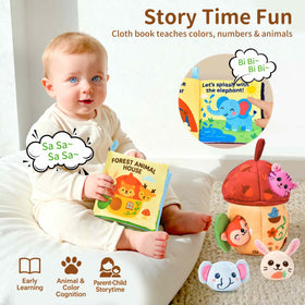 Duwagtry cloth book with crinkle pages engages touch and hearing during play.
