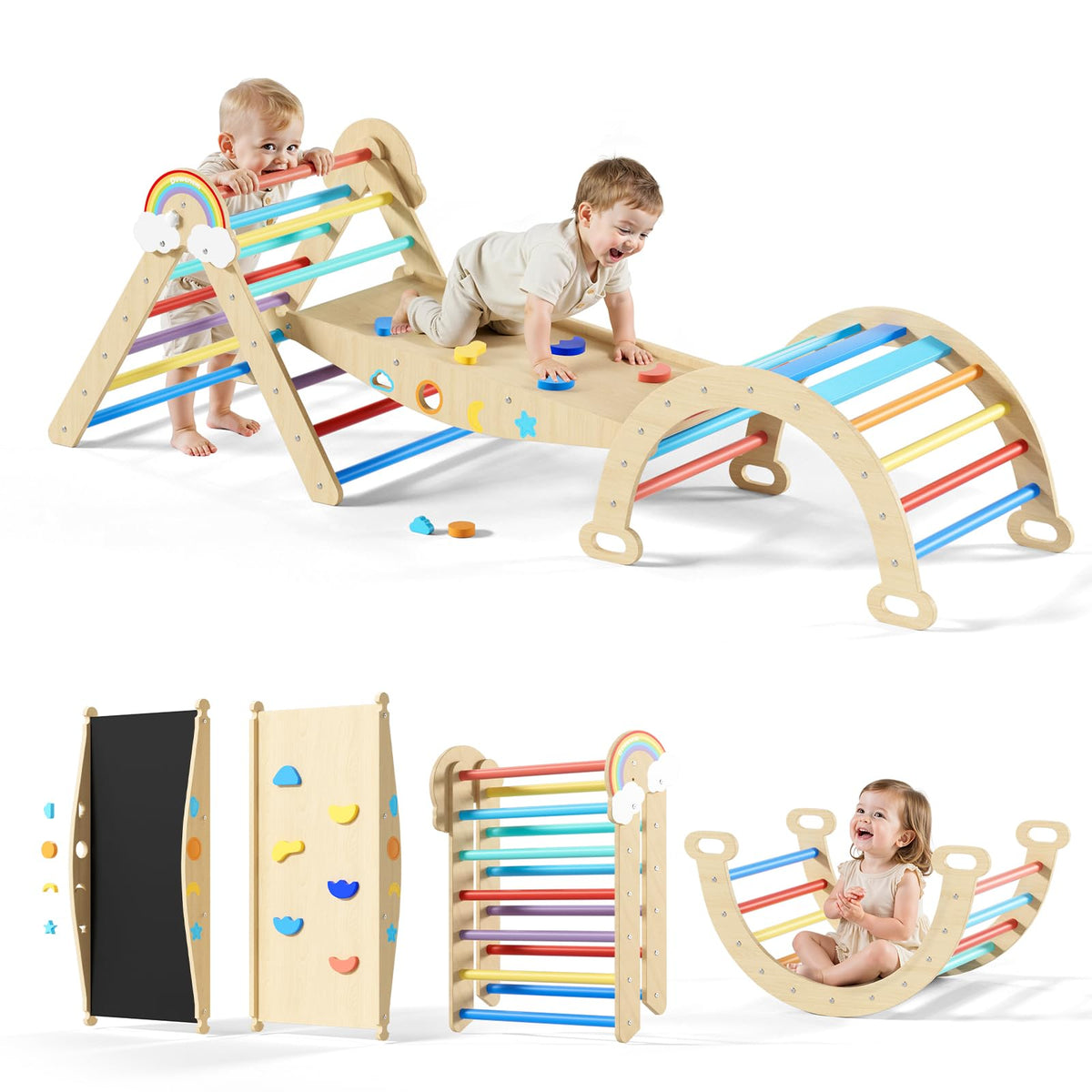 Duwenem Pikler triangle kit shows sturdy wood for safe indoor climbing.