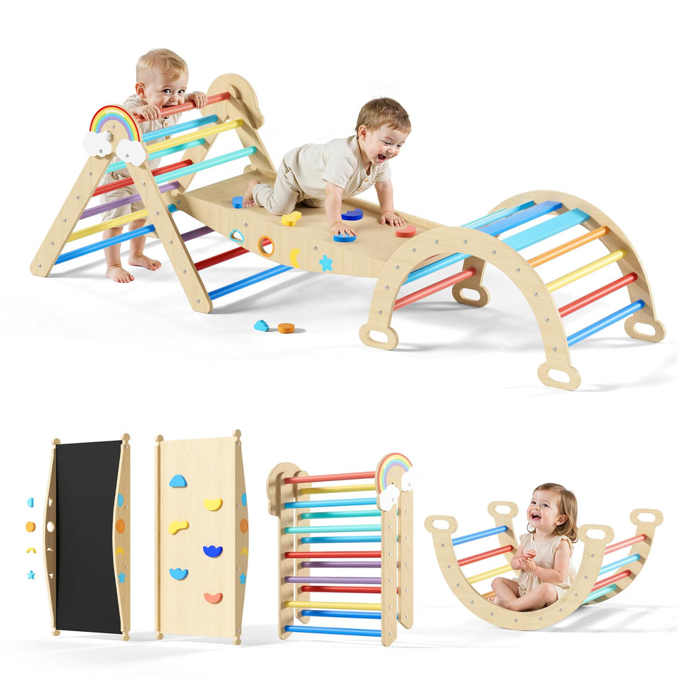 Duwenem Pikler triangle kit shows sturdy wood for safe indoor climbing.