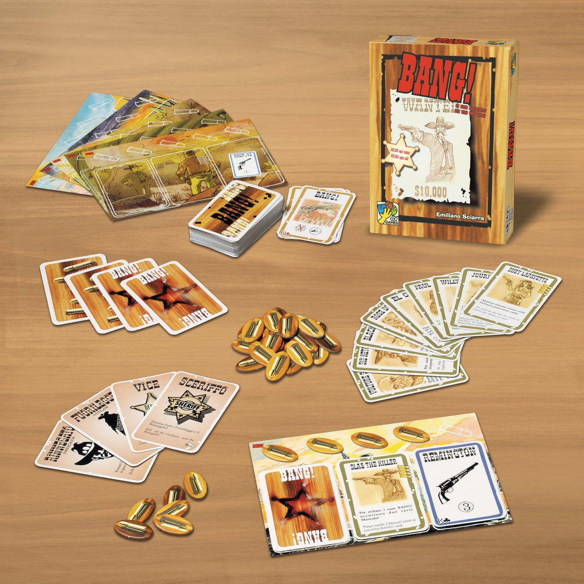 dV Giochi DA VINCI Bang 4th Edition game contents display highlights role cards and playing cards.