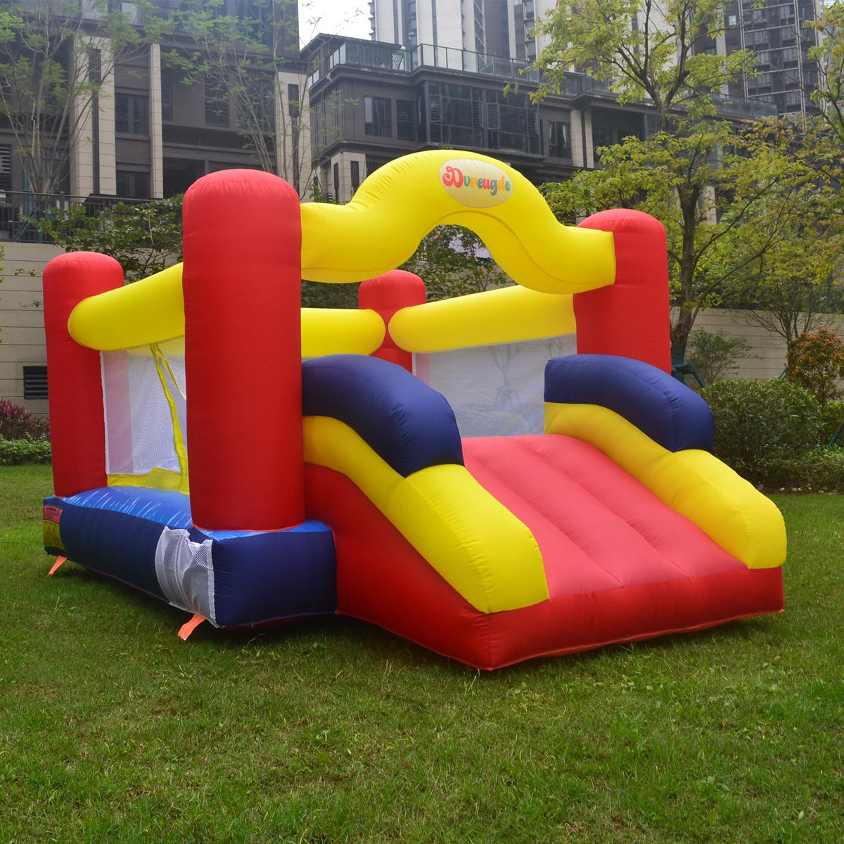 Dvreugde inflatable bounce house with air blower maintains continuous airflow