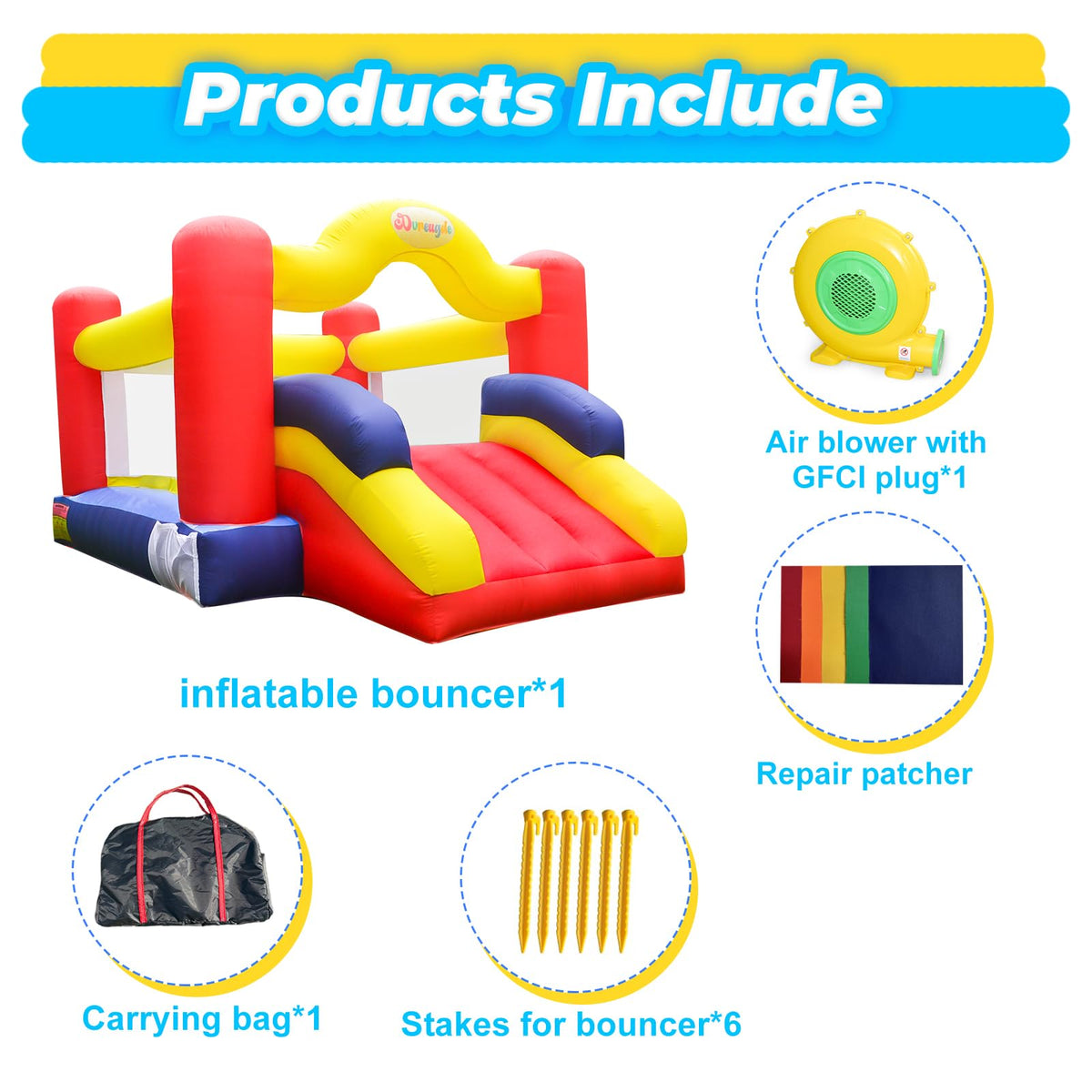 Dvreugde bounce house compact carrying bag and stakes for easy transport