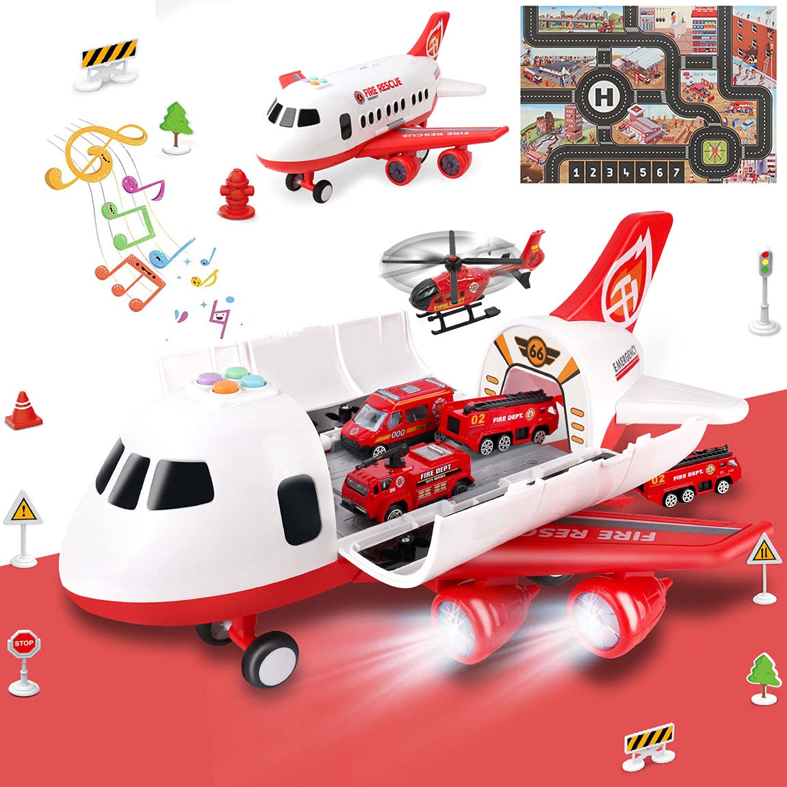 Dwi Dowellin airplane toy with fire trucks on bright play mat for imaginative airport adventures