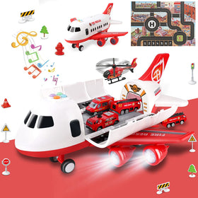 Dwi Dowellin airplane toy with fire trucks on bright play mat for imaginative airport adventures