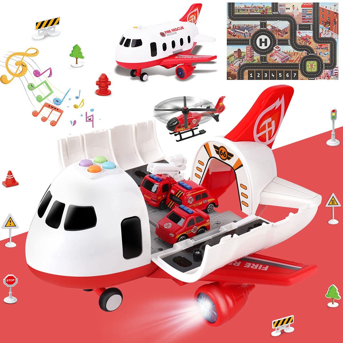 Dwi Dowellin carrier plane with fire trucks promotes imaginative play.