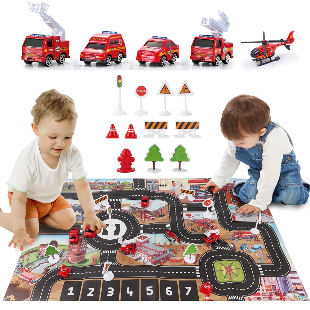 Dwi Dowellin road signs and cars on mat support safety education play.