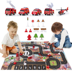 Dwi Dowellin road signs and cars on mat support safety education play.