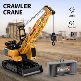 Child enjoys imaginative construction play with a realistic remote crane