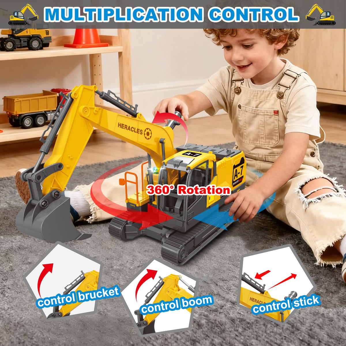 Dwi Dowellin excavator launcher action shows engaging button and realistic play.