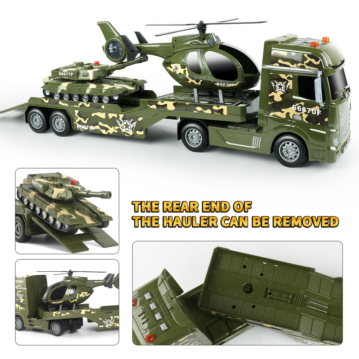 Dwi Dowellin Green Military Big Truck Toys helicopter propeller adds dynamic play.