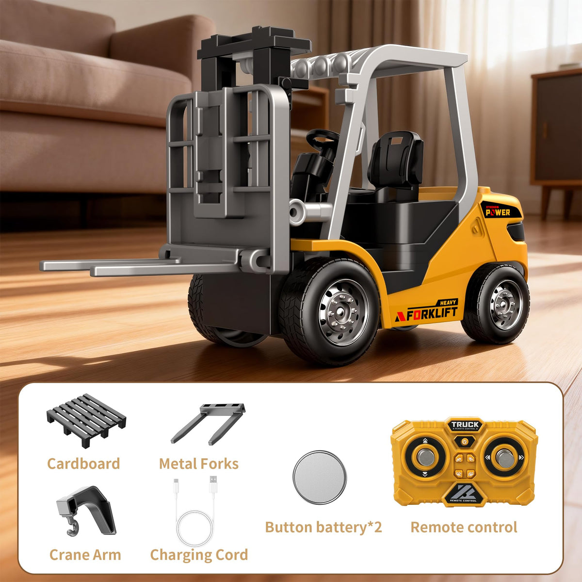 Dwi Dowellin Mini 1/64 RC forklift yellow desk use in office.