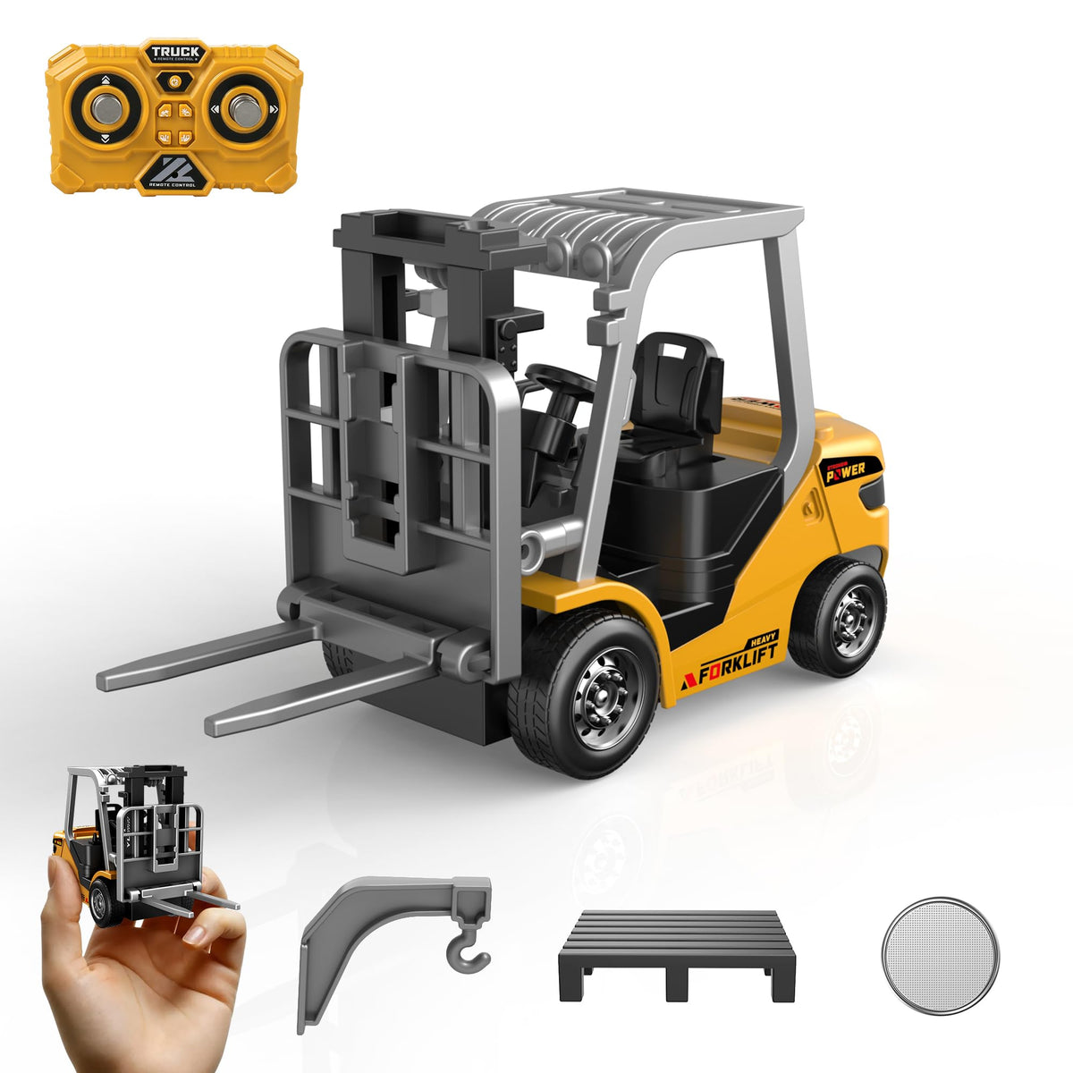 Dwi Dowellin Mini 1/64 RC forklift yellow front view for immersive desk play.