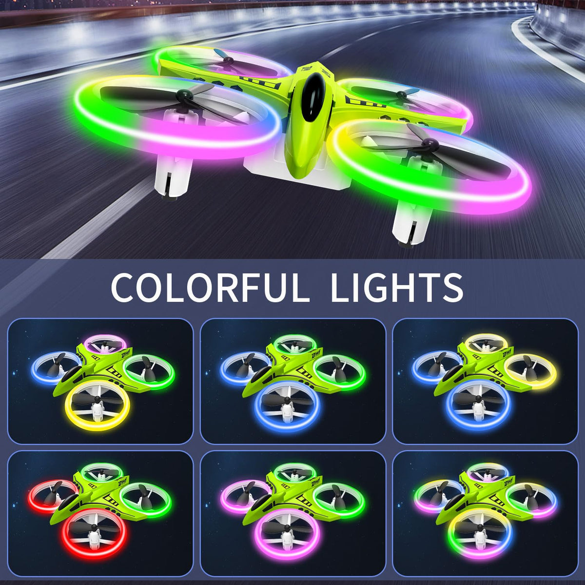 Dwi Dowellin mini drone with LED night lights visible from the side