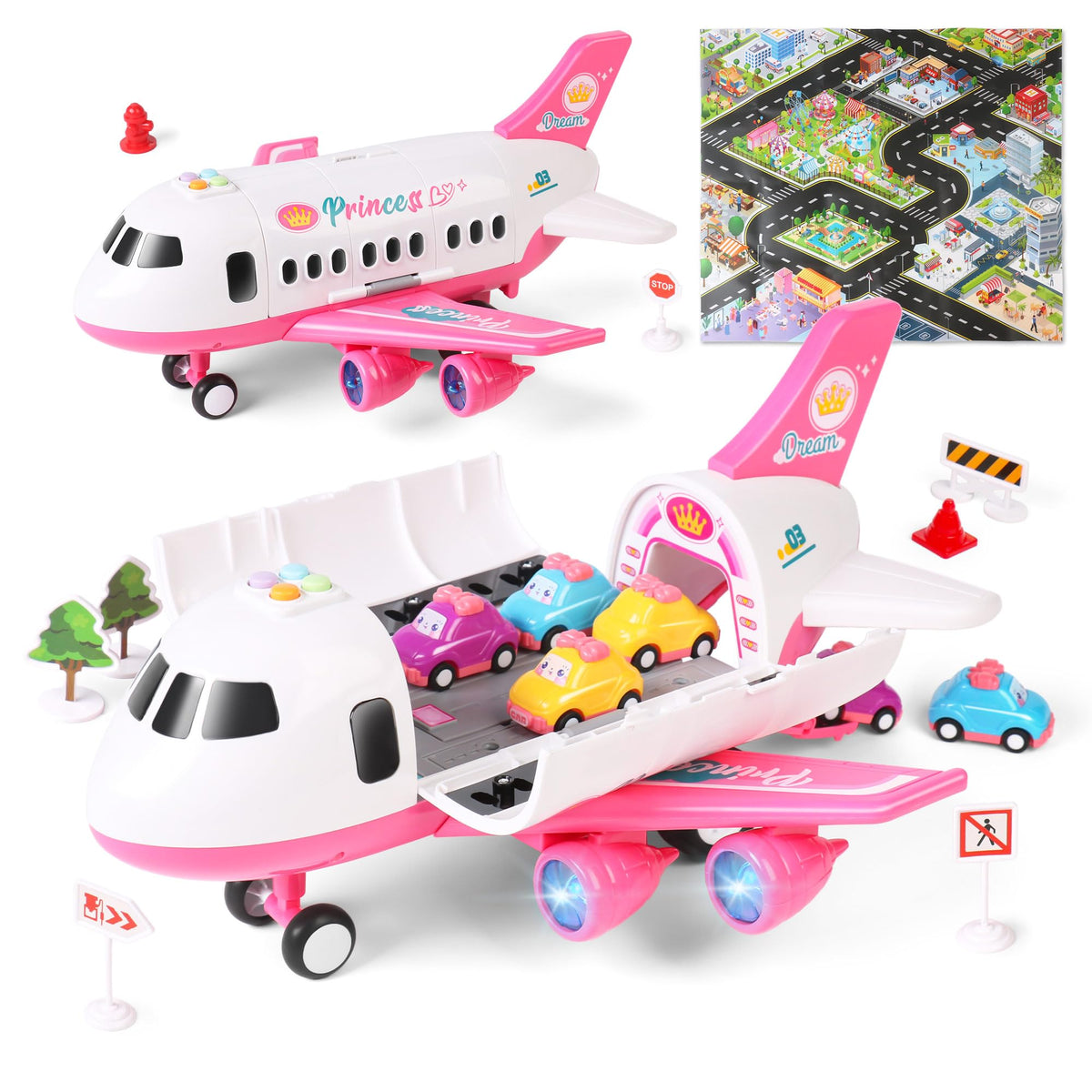 Dwi Dowellin pink airplane toy with six mini cars for imaginative play.