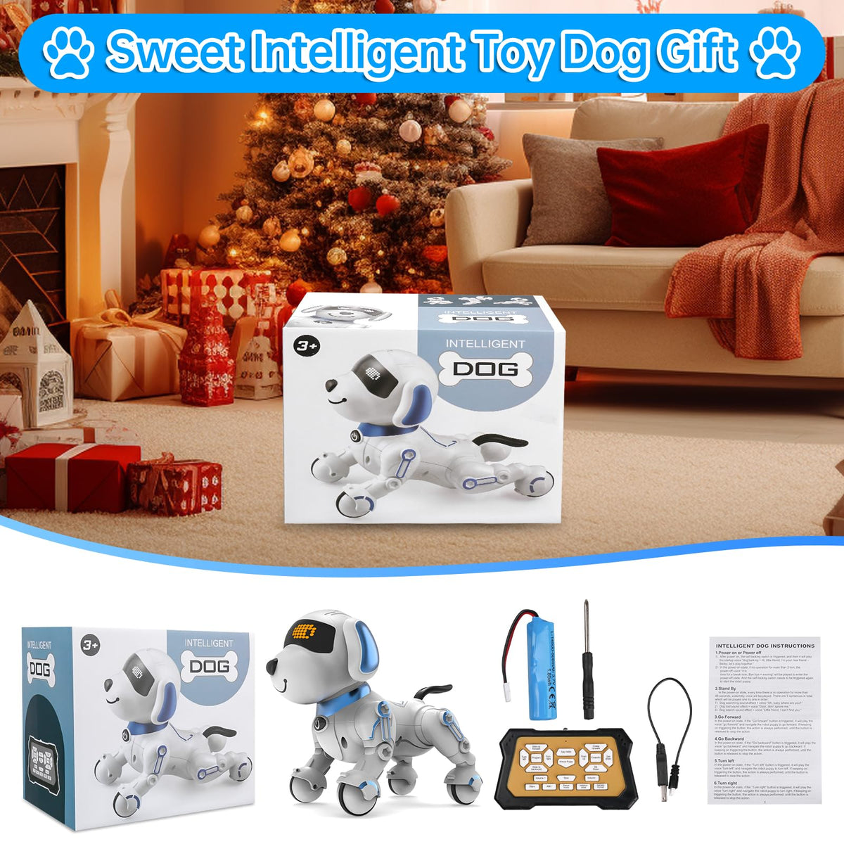 Dwi Dowellin robot dog dancing and singing routines during playtime