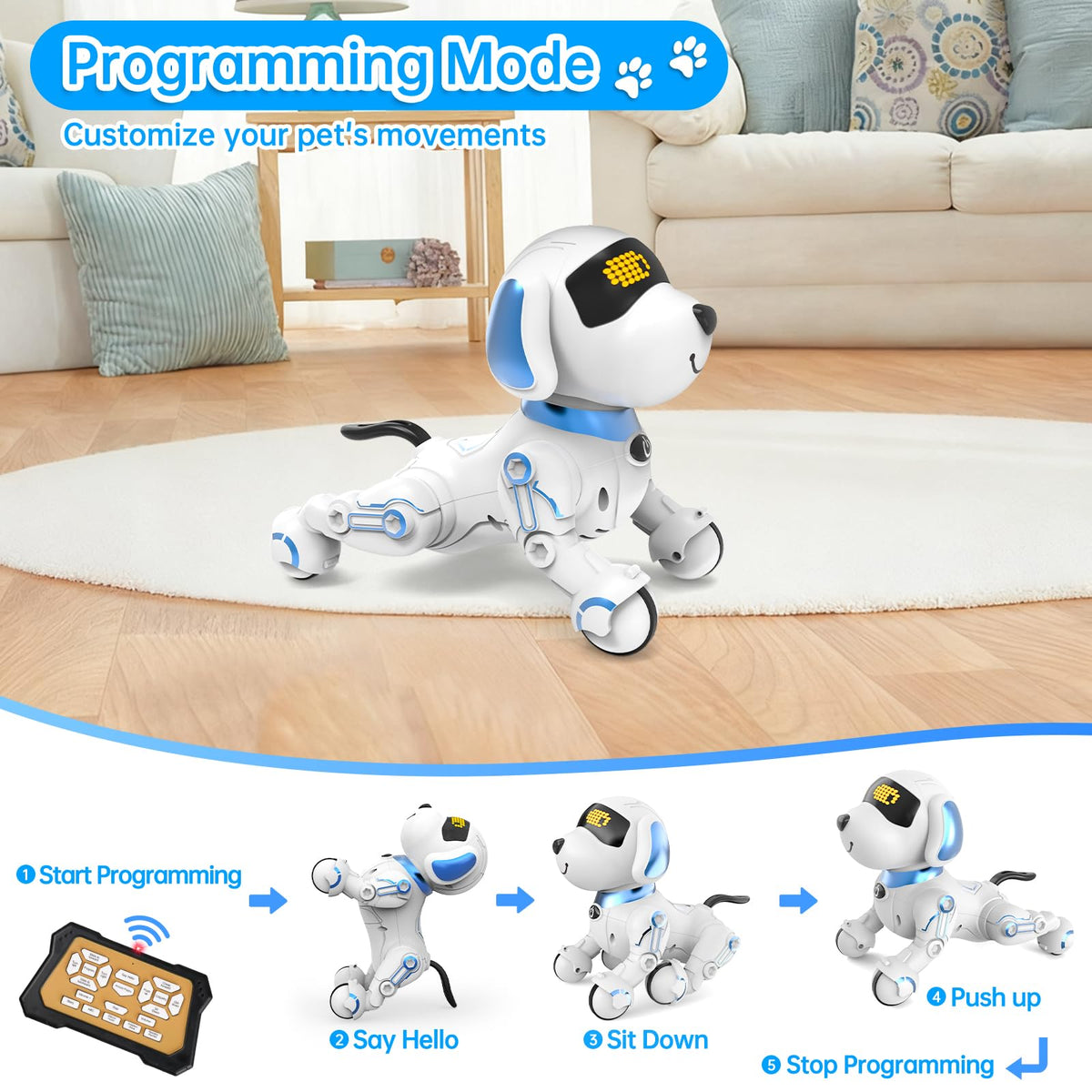 Dwi Dowellin robot dog touching its chin for responsive play and social interaction