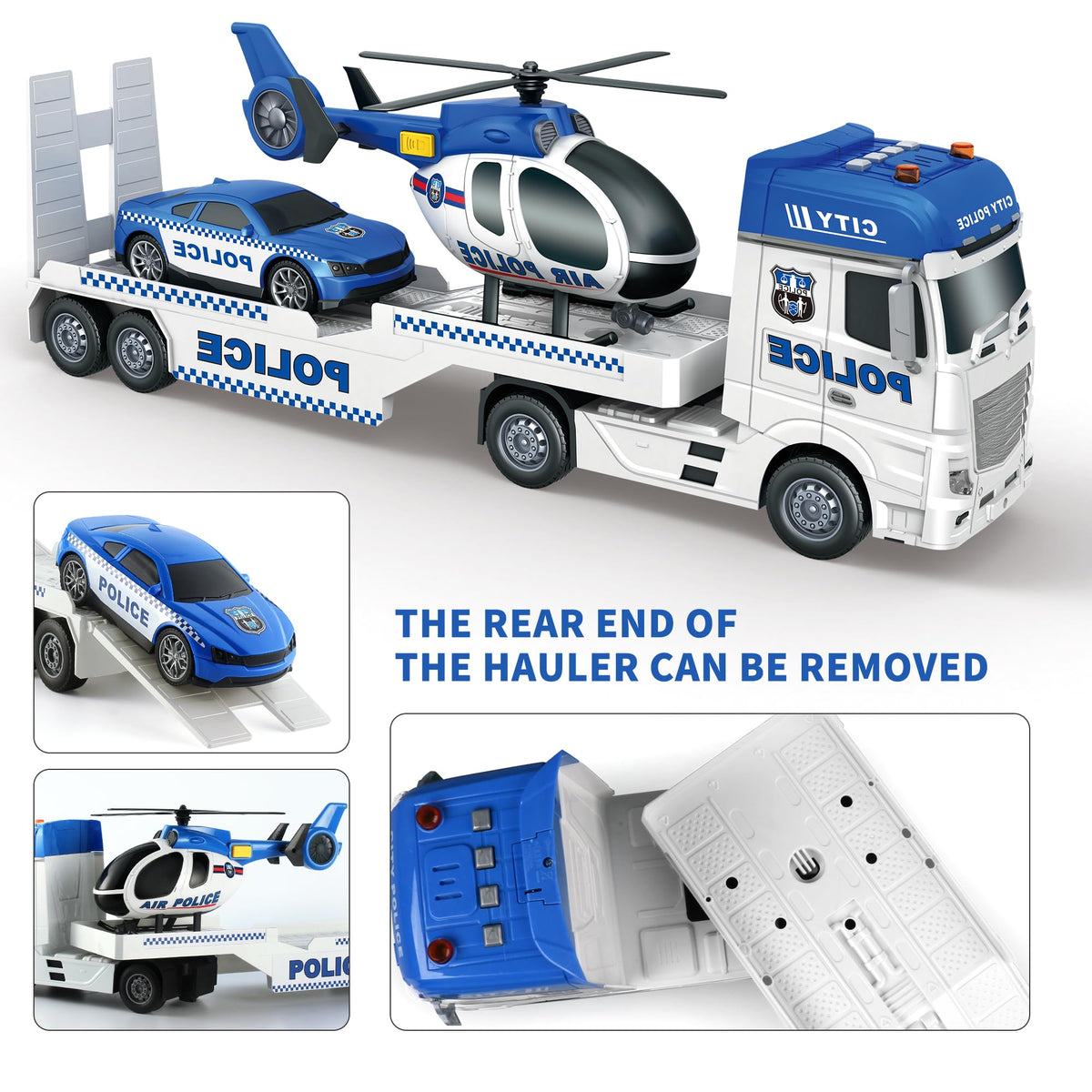 Dwi Dowellin toddler police truck with separable head and moving tailgate for interactive scenarios.