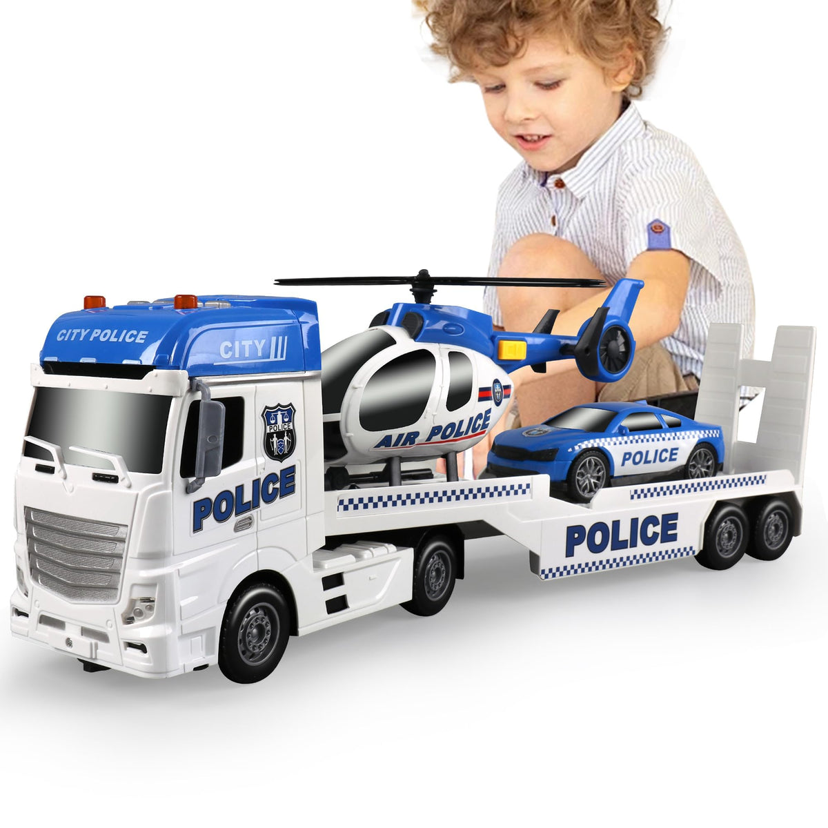 Dwi Dowellin toddler police transport truck with extended trailer for realistic play.