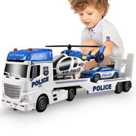 Dwi Dowellin toddler police transport truck with extended trailer for realistic play.