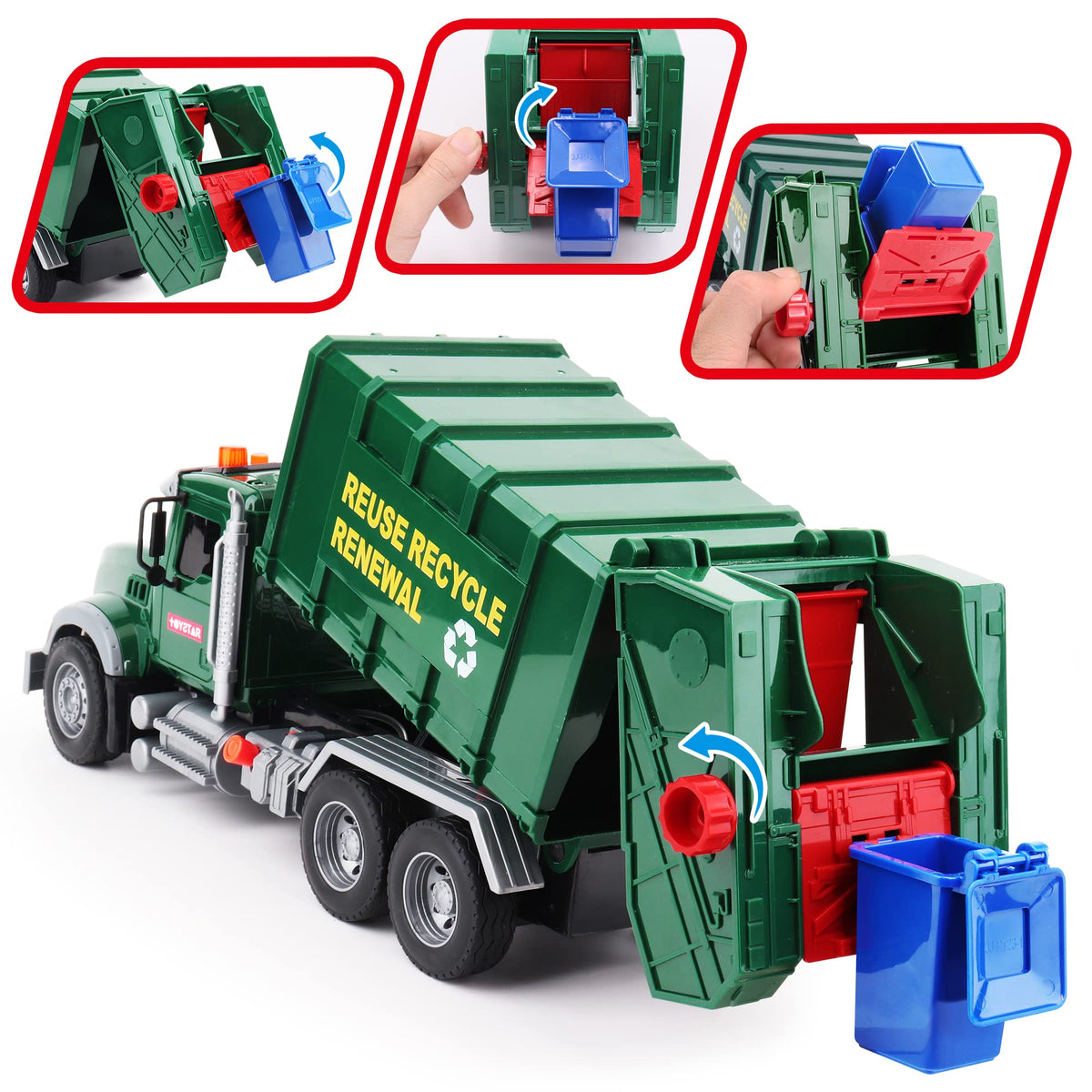 Dwi Dowellin garbage truck side view highlighting friction-powered mobility for outdoor fun