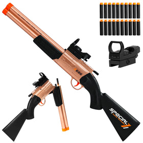 DWMTGS double barrel foam blaster in gold with scope for safe, imaginative play.