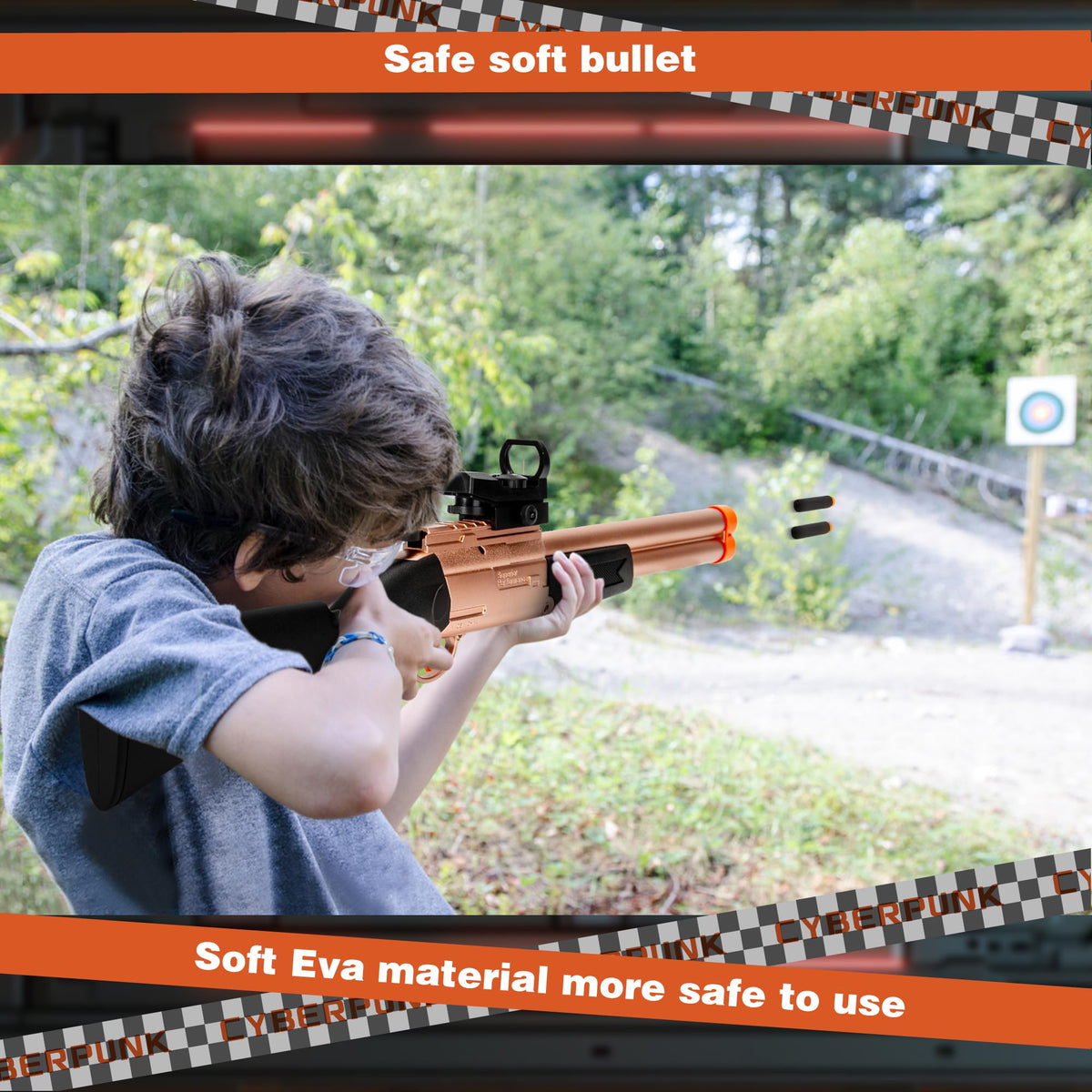 DWMTGS double-barrel foam blaster set for ages 8+ and outdoor activity.